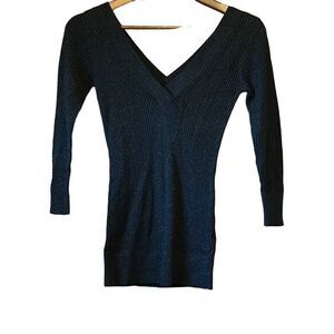Bebe Black Sparkle Knit Sweater Dress Long Sleeve V Neck‎ Party